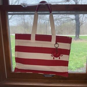 Sonoma Red and White Striped Canvas Tote with Crab Charm